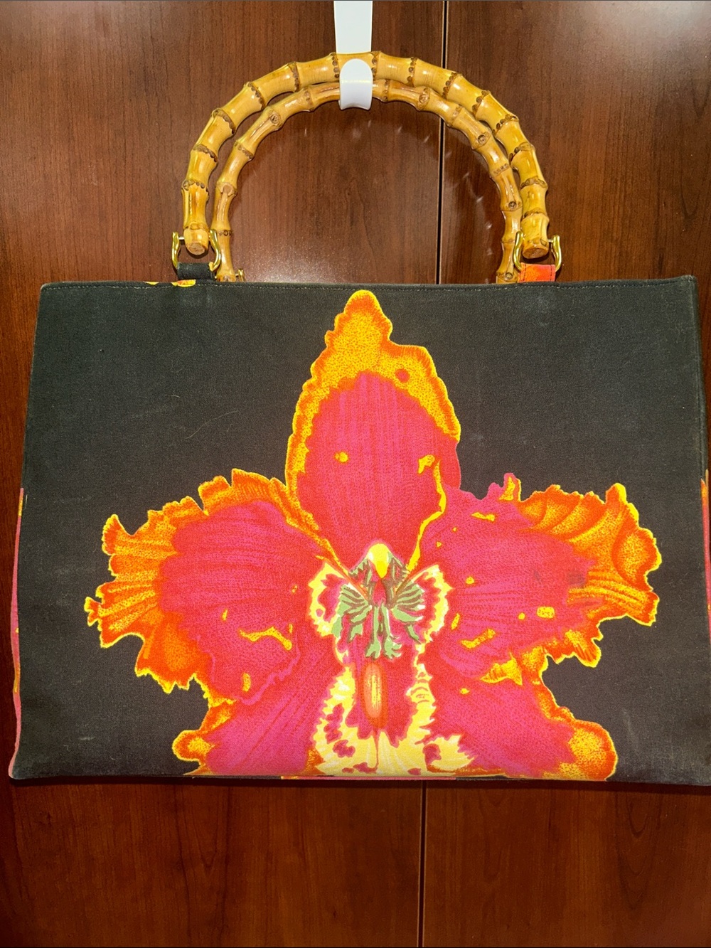 RARE GRAHAM KANDIAH Canvas Tote Pink & Orange Floral Print & Bamboo Handle